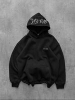 Мужское Базовое Черное Худи Оверсайз с Принтом на Капюшоне - Утепленное на Флисе