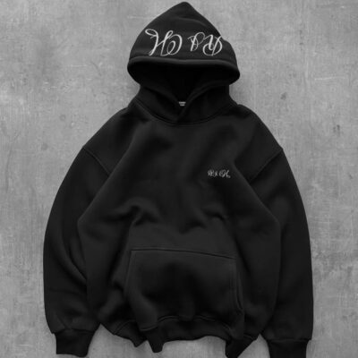 Мужское Базовое Черное Худи Оверсайз с Принтом на Капюшоне - Утепленное на Флисе