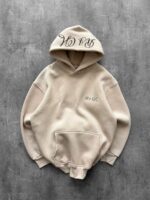 Мужское Базовое Бежевое Худи Оверсайз с Принтом на Капюшоне - Утепленное на Флисе