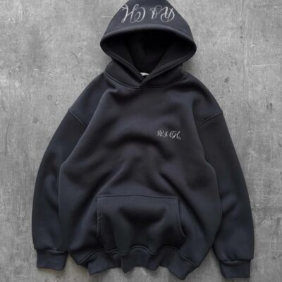 Мужское Базовое Графитовое Худи Оверсайз с Принтом на Капюшоне - Утепленное на Флисе