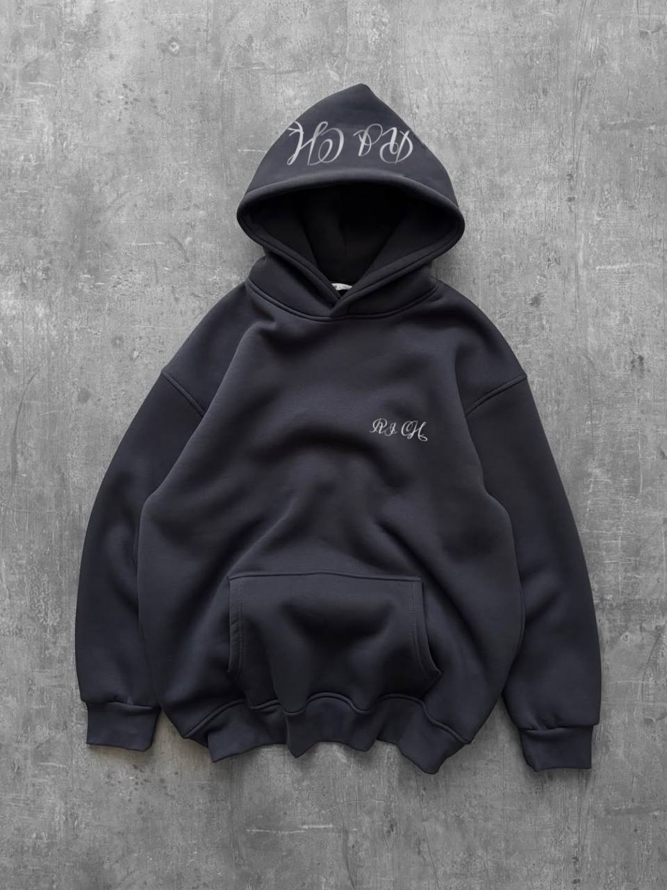 photo_2025-11-04_11-08-17 (2) Мужское Базовое Графитовое Худи Оверсайз с Принтом на Капюшоне - Утепленное на Флисе