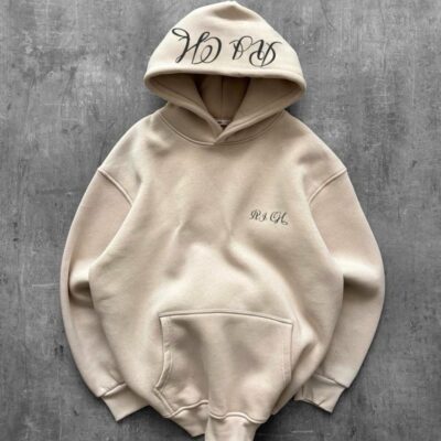 Мужское Базовое Бежевое Худи Оверсайз с Принтом на Капюшоне - Утепленное на Флисе