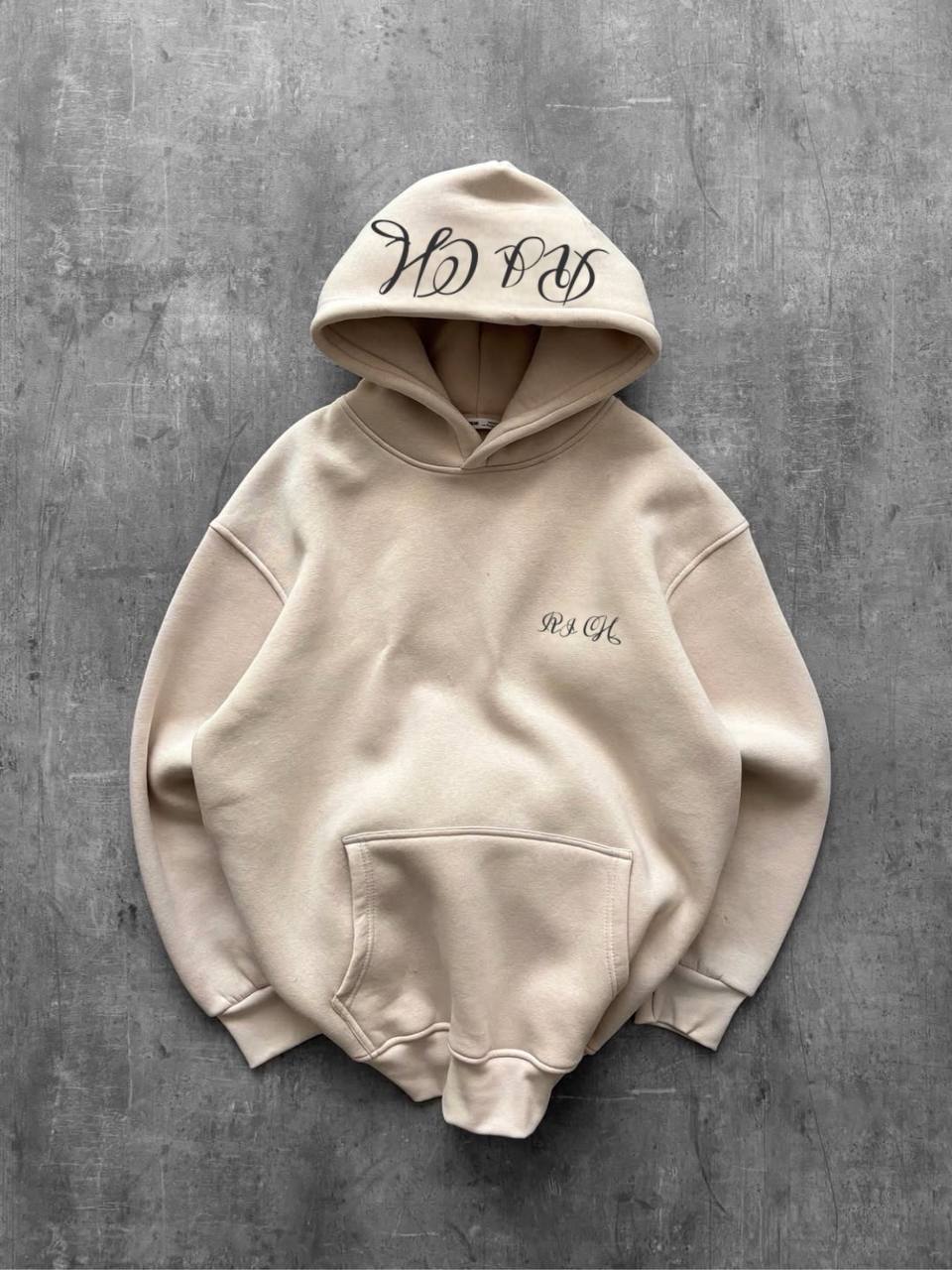 photo_2025-11-04_11-08-17 Мужское Базовое Бежевое Худи Оверсайз с Принтом на Капюшоне - Утепленное на Флисе