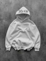 Мужское Базовое Белое Худи Оверсайз с Принтом на Капюшоне - Утепленное на Флисе