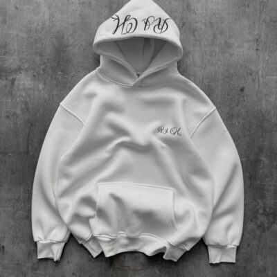 Мужское Базовое Белое Худи Оверсайз с Принтом на Капюшоне - Утепленное на Флисе