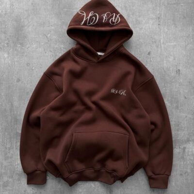 Мужское Базовое Коричневое Худи Оверсайз с Принтом на Капюшоне - Утепленное на Флисе