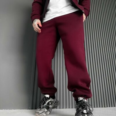 Мужские Базовые Теплые Бордовые Спортивные Штаны Джоггеры с Начесом