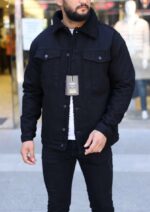 Мужская Утепленная Черная Джинсовка с Карманами на Меху Овчине