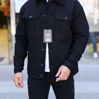 Мужская Утепленная Черная Джинсовка с Карманами на Меху Овчине