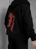 Мужское Теплое Черное Зип Худи с Начесом - Кофта Зипка на Молнии с Принтом на Спине