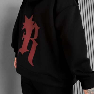 Мужское Теплое Черное Зип Худи с Начесом - Кофта Зипка на Молнии с Принтом на Спине