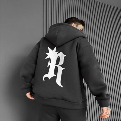 Мужское Теплое Графитовое Зип Худи с Начесом - Кофта Зипка на Молнии с Принтом на Спине