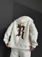 Мужское Теплое Молочное Зип Худи с Начесом - Кофта Зипка на Молнии с Принтом на Спине