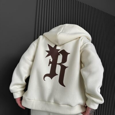 Мужское Теплое Молочное Зип Худи с Начесом - Кофта Зипка на Молнии с Принтом на Спине