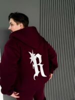 Мужское Теплое Бордовое Зип Худи с Начесом - Кофта Зипка на Молнии с Принтом на Спине