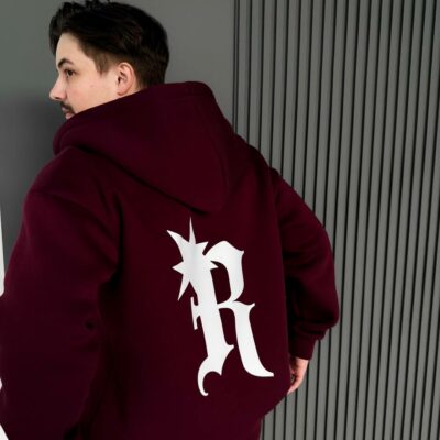 Мужское Теплое Бордовое Зип Худи с Начесом - Кофта Зипка на Молнии с Принтом на Спине