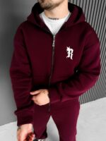 Мужское Теплое Бордовое Зип Худи с Начесом - Кофта Зипка на Молнии с Принтом на Спине
