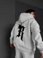 Мужское Теплое Серое Зип Худи с Начесом - Кофта Зипка на Молнии с Принтом на Спине