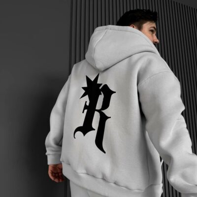 Мужское Теплое Серое Зип Худи с Начесом - Кофта Зипка на Молнии с Принтом на Спине