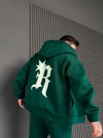 Мужское Теплое Зеленое Зип Худи с Начесом - Кофта Зипка на Молнии с Принтом на Спине