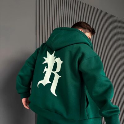 Мужское Теплое Зеленое Зип Худи с Начесом - Кофта Зипка на Молнии с Принтом на Спине