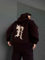 Мужское Теплое Коричневое Зип Худи с Начесом - Кофта Зипка на Молнии с Принтом на Спине