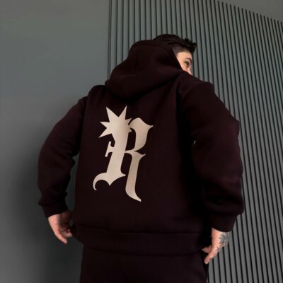 Мужское Теплое Коричневое Зип Худи с Начесом - Кофта Зипка на Молнии с Принтом на Спине