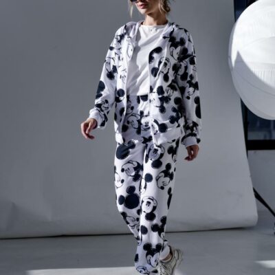 Женский Белый Спортивный Костюм Микки Маус - Зип Кофта на Молнии + Штаны Джоггеры