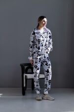 Женский Белый Спортивный Костюм в Принт - Зип Кофта на Молнии + Штаны Джоггеры