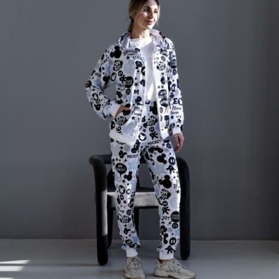 Женский Белый Спортивный Костюм Микки Маус - Зип Кофта на Молнии + Штаны Джоггеры