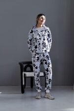 Женский Белый Спортивный Костюм в Принт - Зип Кофта на Молнии + Штаны Джоггеры