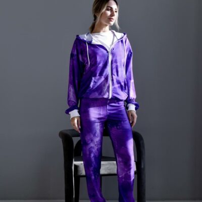 Женский Фиолетовый Спортивный Костюм в Принт - Зип Кофта на Молнии + Штаны Джоггеры
