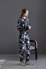 Женский Черный Спортивный Костюм в Принт - Зип Кофта на Молнии + Штаны Джоггеры