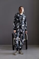 Женский Черный Спортивный Костюм в Принт - Зип Кофта на Молнии + Штаны Джоггеры