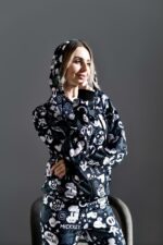 Женский Черный Спортивный Костюм в Принт - Зип Кофта на Молнии + Штаны Джоггеры