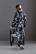 Женский Черный Спортивный Костюм в Принт - Зип Кофта на Молнии + Штаны Джоггеры