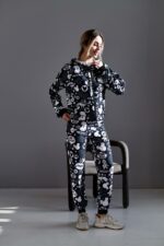 Женский Черный Спортивный Костюм в Принт - Зип Кофта на Молнии + Штаны Джоггеры