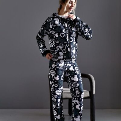 Женский Черный Спортивный Костюм в Принт - Зип Кофта на Молнии + Штаны Джоггеры