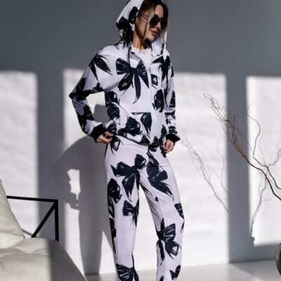 Женский Белый Спортивный Костюм с Бантиками - Зип Кофта на Молнии + Штаны Джоггеры