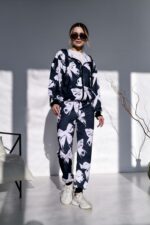 Женский Черный Спортивный Костюм с Бантиками - Зип Кофта на Молнии + Штаны Джоггеры