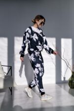 Женский Черный Спортивный Костюм с Бантиками - Зип Кофта на Молнии + Штаны Джоггеры