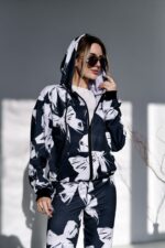 Женский Черный Спортивный Костюм с Бантиками - Зип Кофта на Молнии + Штаны Джоггеры