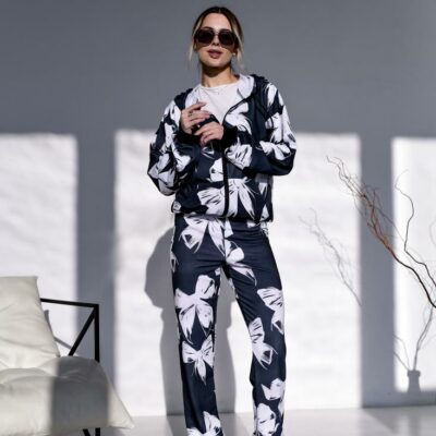 Женский Черный Спортивный Костюм с Бантиками - Зип Кофта на Молнии + Штаны Джоггеры