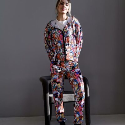 Женский Спортивный Костюм в Мультяшный Принт - Зип Кофта на Молнии + Штаны Джоггеры