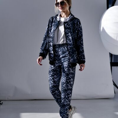 Женский Черный Спортивный Костюм в Поцелуях - Зип Кофта на Молнии + Штаны Джоггеры