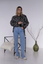 Женская Серая Кожаная Куртка Косуха в Леопардовый Принт - Короткая с Ремешком