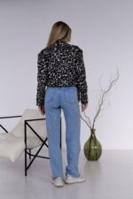 Женская Серая Кожаная Куртка Косуха в Леопардовый Принт - Короткая с Ремешком