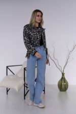 Женская Серая Кожаная Куртка Косуха в Леопардовый Принт - Короткая с Ремешком