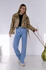 Женская Кожаная Куртка Косуха Хаки в Змеиный Принт - Короткая с Ремешком