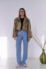 Женская Кожаная Куртка Косуха Хаки в Змеиный Принт - Короткая с Ремешком